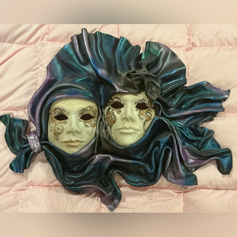 Venetian Double Face Leather Wall Mask Handcrafted Decorative Art Piece 24"x17"